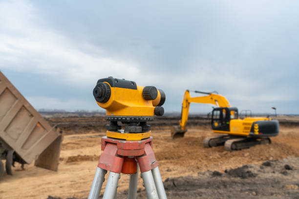 istock Surveyor equipment tacheometer or theodolite outdoors at construction site 1222653731