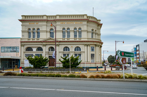 Street view of Invercargill town Bank Corner, Bank of New South Walse Building, New Zealand.