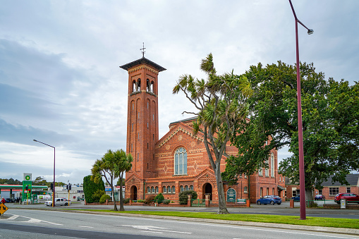 First Presbyterian Church, Street view of Invercargill town, New Zealand.