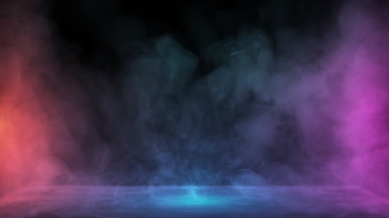 Liquid smoke falling down on surface on lights. Dry ice drop spreading on floor. Colorfull inked cloud swirl on black background. Abstract isolated smoke. physical 3D illustration