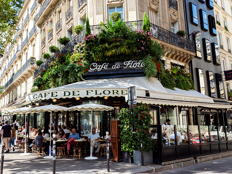 Paris, France - August 29 2019: The Cafe De Flore located at the corner of boulevard Saint Germain and rue Saint Benoit.