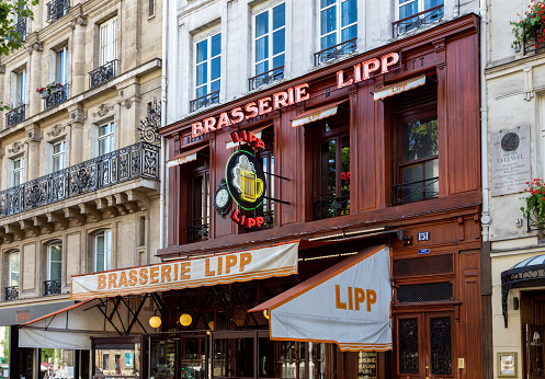 Paris, France - August 29 2019: The brasserie Lipp is a famous establishment on the boulevard Saint Germain.