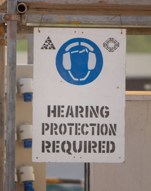 12 October 2019- Doha,Qatar- Hearing Protection Required Sign Board in Construction