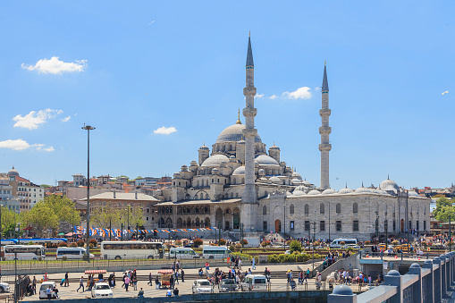Photo of the Rüstem Pasha Mosque in Istanbul photographed during the day in a bleuem sky from the Galata Bridge in May 2016