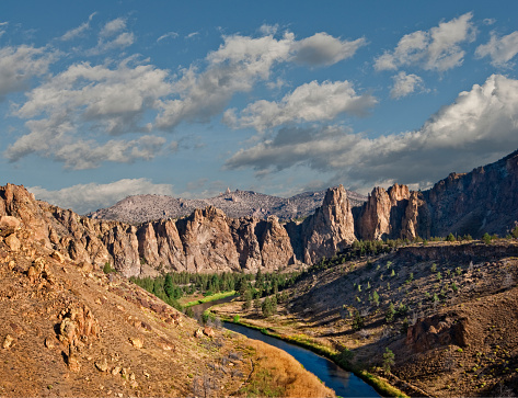 The aptly named Crooked River winds its way through the gorge below the cliffs of Smith Rock.  This scene was photographed at Smith Rock State Park near the town of Terrebonne, Oregon, USA.