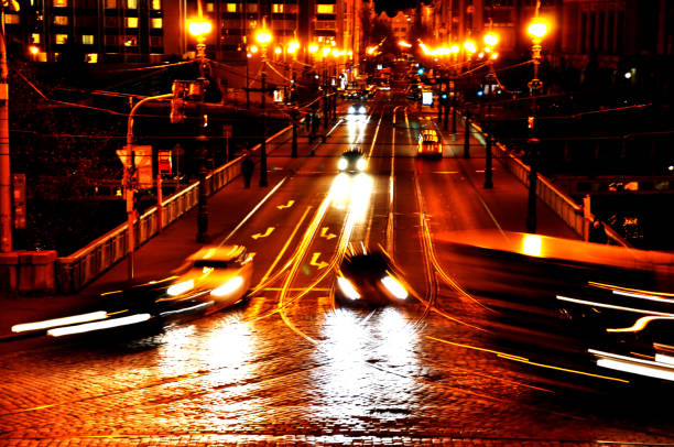 istock Beautiful night view with running cars 1222664534