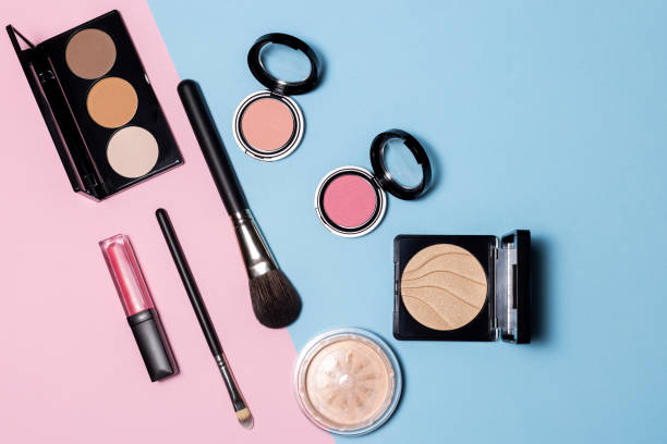 istock Flat lay composition with makeup products. Pink blue background 1222668272
