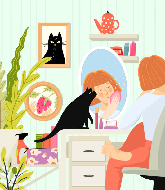 illustrazioni stock, clip art, cartoni animati e icone di tendenza di bella signora o donna a casa spogliatoio interni sedersi allo specchio del tavolo vanità applicando il trucco in polvere o facendo rituale di cura della pelle di tutti i giorni. - pampered pets