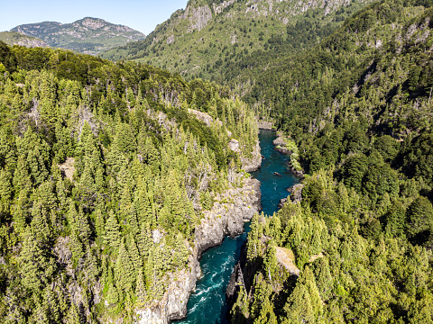 Aerial view of Futaleufu river flowing down a canyon in the chilean Patagonia, southern Chile