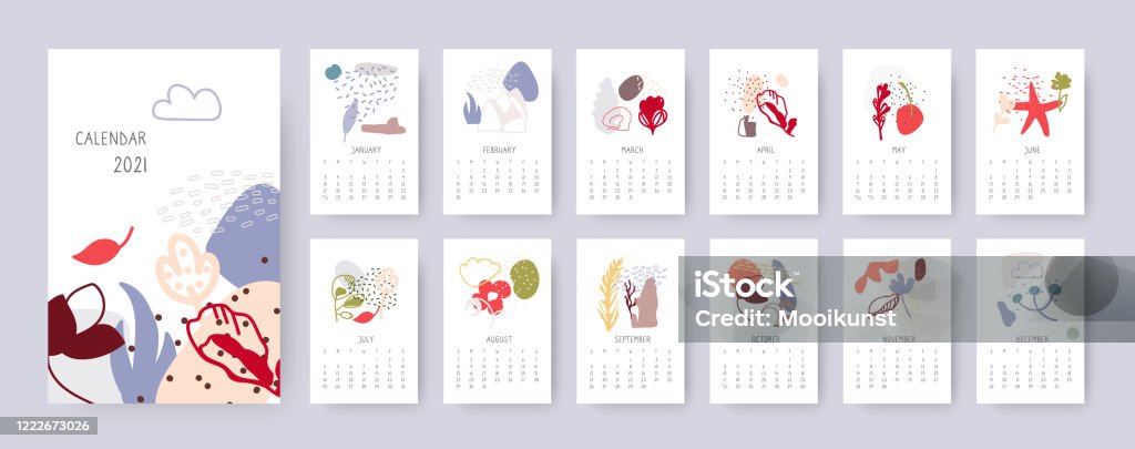 Abstract floral calendar 2021 year vector set Abstract floral calendar 2021 year. Creative modern template set. Organic different shapes objects with spots, dots, lines. Simple decorative design from doodle elements. Isolated vector illustration Calendar stock vector