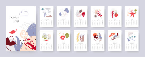 Abstract floral calendar 2021 year vector set Abstract floral calendar 2021 year. Creative modern template set. Organic different shapes objects with spots, dots, lines. Simple decorative design from doodle elements. Isolated vector illustration july illustrations stock illustrations