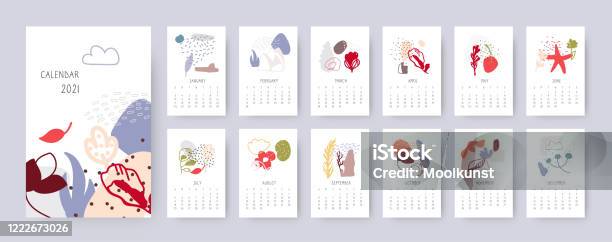 Abstract Floral Calendar 2021 Year Vector Set Stock Illustration - Download Image Now - Calendar, 2021, Month