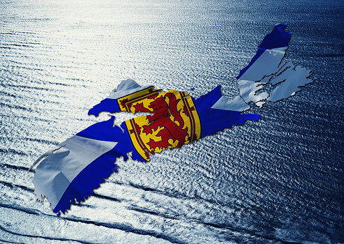 Nova Scotian flag overlaid on a map outline of the province.
