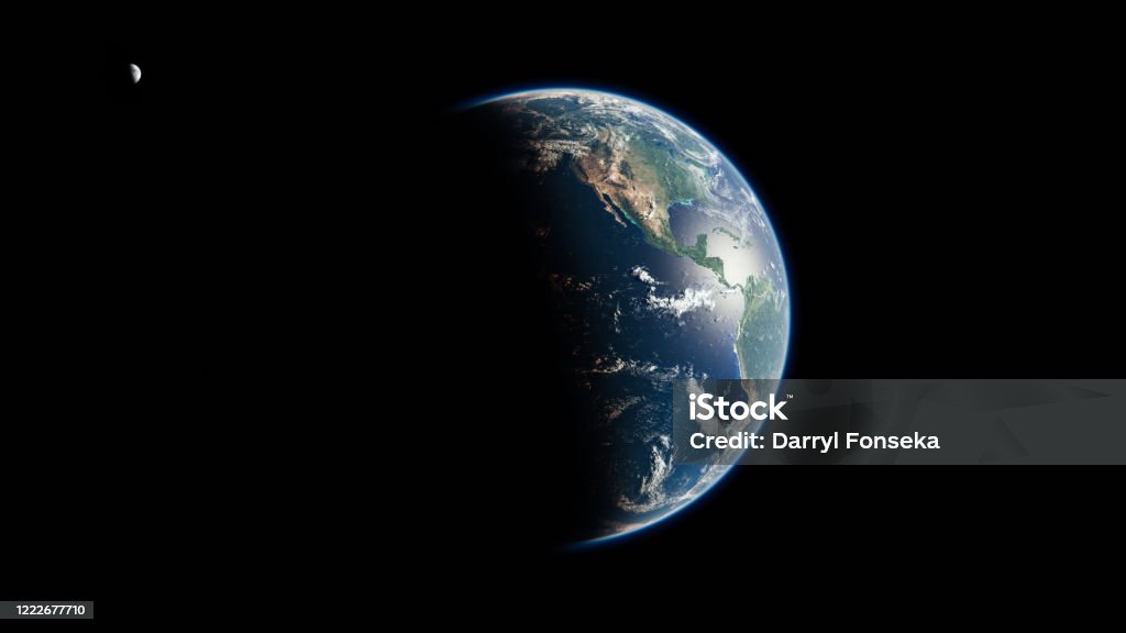 The Americas from Space during Sunrise - Canada, United States of America and Mexico - Planet Earth with Moon - The Blue Marble Realistic high resolution render of our blue planet Earth - North America and South America along with moon in the background

Planet map taken from NASA: https://eoimages.gsfc.nasa.gov/images/imagerecords/74000/74192/world.200411.3x21600x21600.D2.png

Tools and software used: Blender 2.8 Dirt Stock Photo