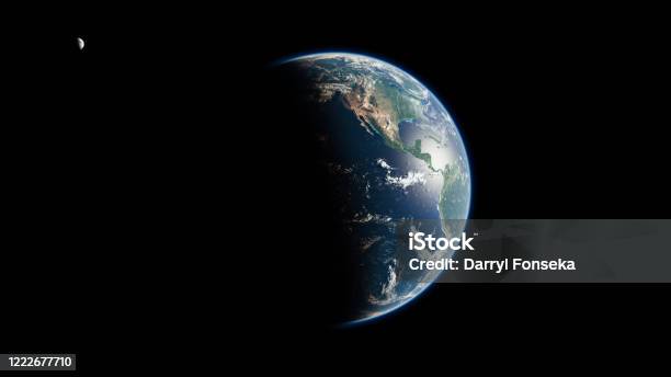The Americas From Space During Sunrise Canada United States Of America And Mexico Planet Earth With Moon The Blue Marble Stock Photo - Download Image Now