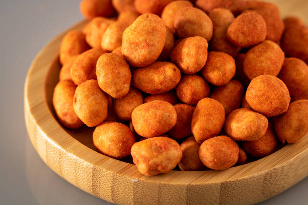 Homemade red Japanese flavored pepper peanuts with a flour coating