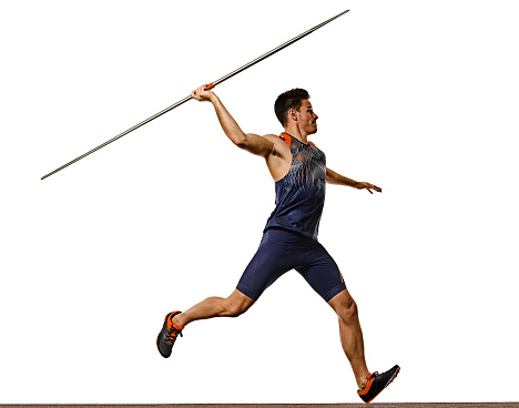 one young caucasian athlete man practicing Javelin  athletics in studio  isolated on white background