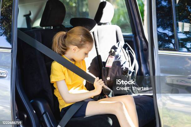 Young School Girl Putting On Seat Belt Stock Photo - Download Image Now - Child, Seat Belt, Car Safety Seat