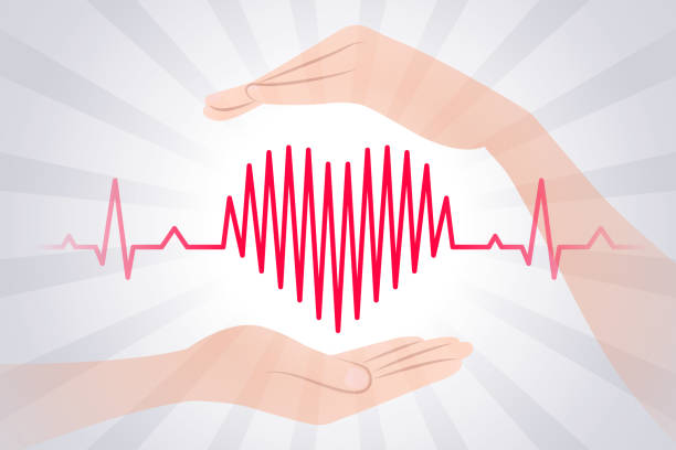 illustrazioni stock, clip art, cartoni animati e icone di tendenza di il grafico del battito cardiaco ha la forma di un simbolo di cuore e delle mani vicino ad esso - equanimity
