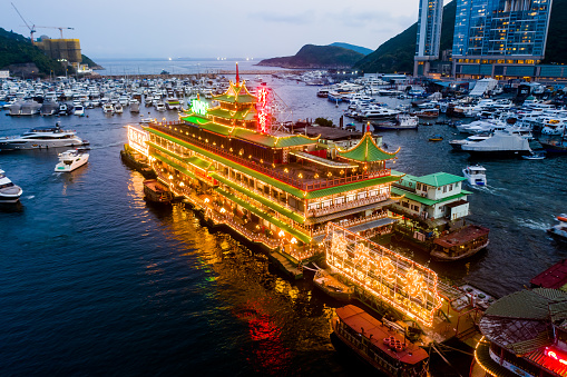Night view of the famous Jumbo Floating Restaurant in Aberdeen Harbor in Hong Kong.