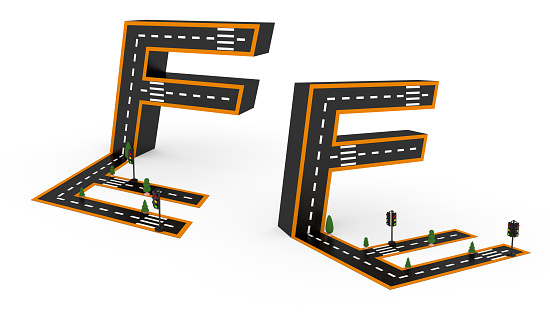 Alphabet symbols of the Figures in the form of a road, white and yellow line markings on white background with clippling paths.3d Rendering illustration.