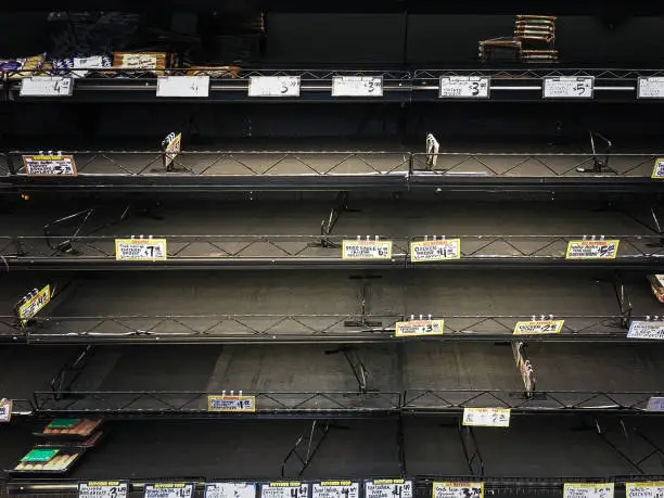 Empty store shelves with food and supplies shortage during virus epidemic.