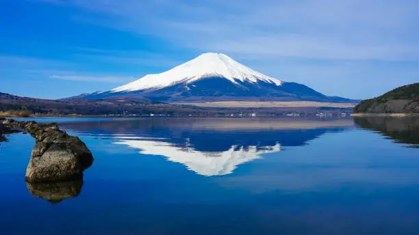 On a clear day in March 2020, I took a picture of Mt.Fuji from the shore of Lake Yamanaka in Yamanashi Prefecture.