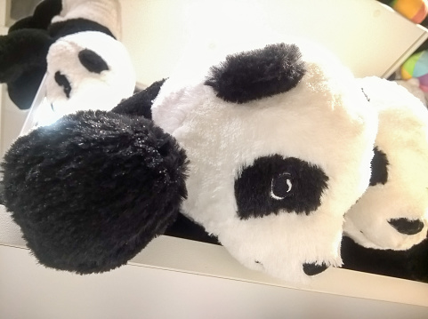 many panda dolls hang on the wall for sale in store.