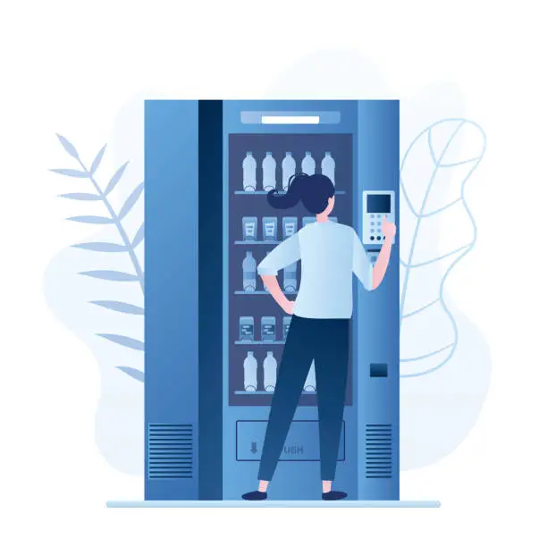 Vector illustration of Woman using vending machine with drinks. Female character order and buy beverages.