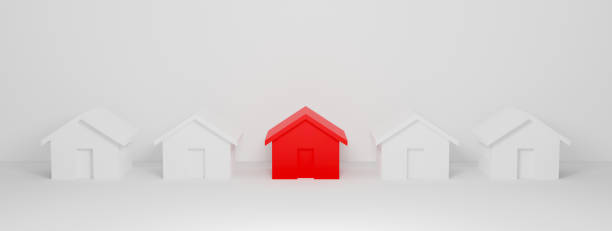 Outstanding performance red house icon among white home on white background abstract. 3D rendering design. Minimal creative idea and stand out concept. Searching for property industry.