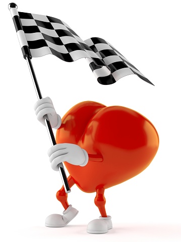 Heart character waving race flag isolated on white background. 3d illustration