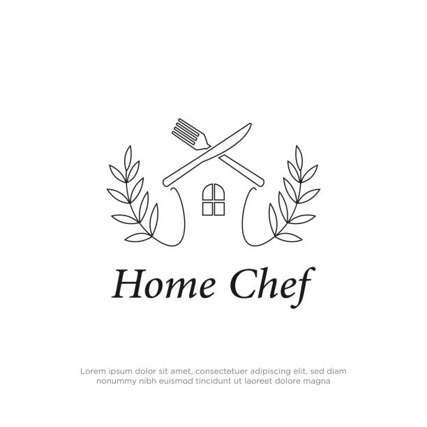 ilustraciones, imágenes clip art, dibujos animados e iconos de stock de diseño de logotipo de home chef con estilo rústico, cocinando en el logotipo del hogar inspiración set - b4