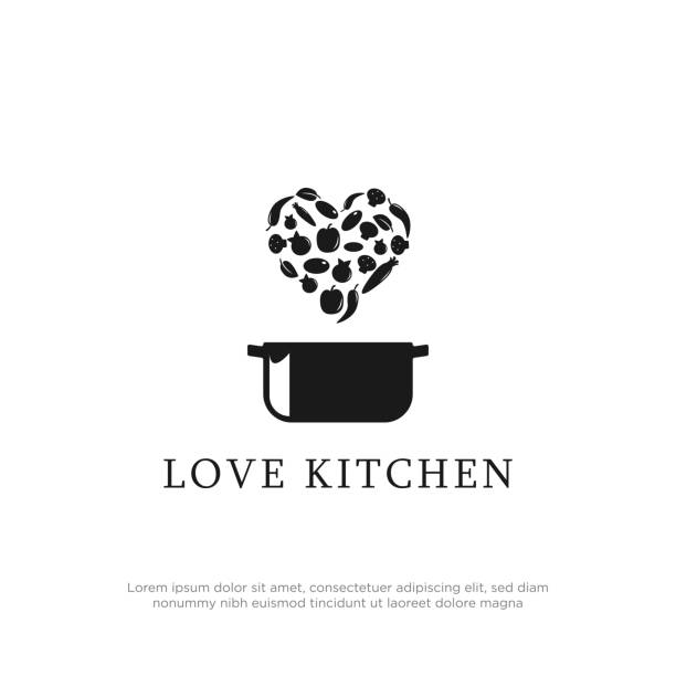 logo cooking love stock szablon vector, love kitchen logo design inspiration - spoon vegetable fork plate stock illustrations