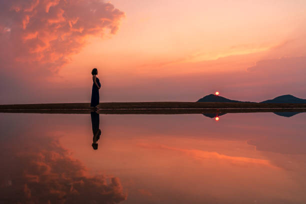 japan kagawa ocean person silhouette japan kagawa mitoyo ocean view pregnant landscape stock pictures, royalty-free photos & images