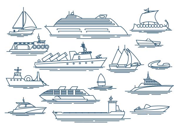 bildbanksillustrationer, clip art samt tecknat material och ikoner med linjära ikoner för fartyg - segelbåt illustrationer