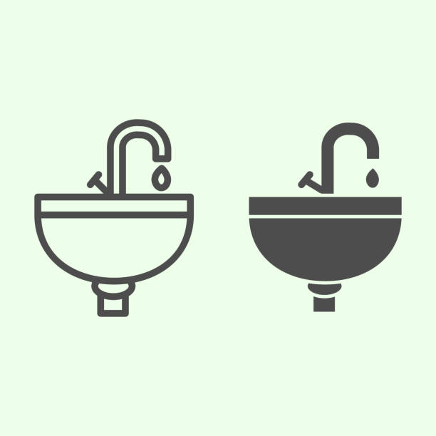 ilustraciones, imágenes clip art, dibujos animados e iconos de stock de línea de hundimiento e icono sólido. lavabo o lavabo con símbolo de símbolo de grifo, pictograma estilo contorno sobre fondo blanco. señal vectorial de reparación doméstica para concepto web y móvil. - sink