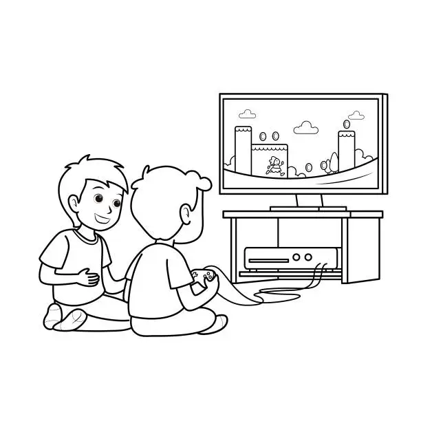 Vector illustration of Gaming entertainment & leisure. Flat vector illustration.Two boys kids sitting at tv screen playing a console video game together with gamepad controllers. Children gamers cartoon characters.