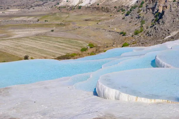 Photo of Travertine terrace formations and pools at Pamukkale (cotton castle), Denizli, Turkey