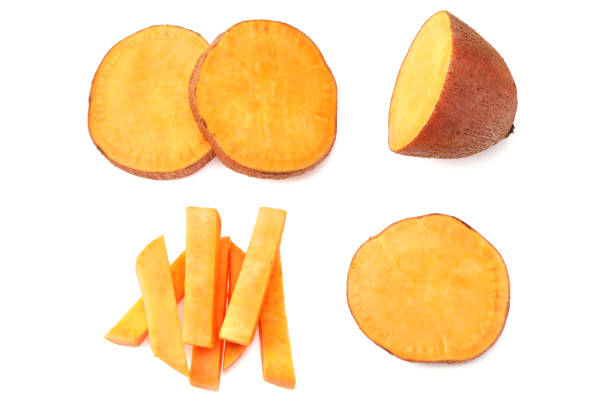 istock sliced sweet potatoes isolated on white background. top view 1222705000