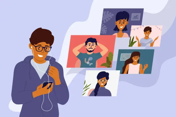 Vector illustration of Staying home, video calling and meeting with friends online