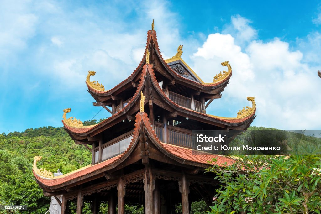 big beautiful temple in Vietnam, Phu Quoc island. sunny day, a large beautiful temple in Vietnam, Phu Quoc island. many statues and beautiful temples. Aerial View Stock Photo