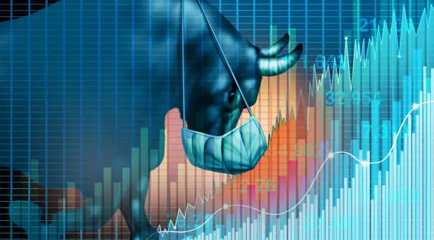 Stock market recovery and economy health as a economic confidence after a pandemic as a bull financial gain and increase in prices concept with 3D illustration elements.