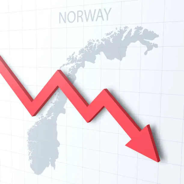 Vector illustration of Falling red arrow with the Norway map on the background