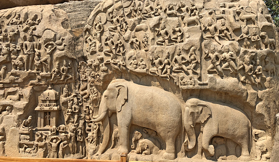 Descent of the Ganges is one of the Group of Monuments at Mahabalipuram and UNESCO World Heritage Site, is a giant open-air rock bas relief carved on two monolithic rocks. The story depicted in the relief is the descent of the sacred river Ganges to earth from the heavens. The relief was created by Narasimhavarman-1 to celebrate the victory over Chalukiya king. There are 146 sculptures of animals, God, people and half-humans carved in the rock relief.