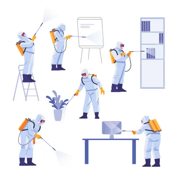 Vector illustration of Professional contractors doing pest control at office. Coronavirus protection. Hazmat team in protective suits decontamination during virus outbreak. Cartoon vector illustration