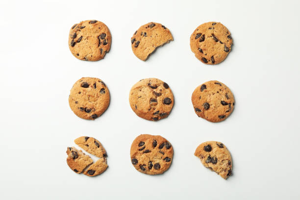 istock Flat lay with chocolate chip cookies on white background 1222714793