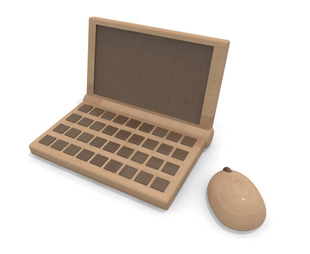 The texture of wood grain. Wooden laptop. PC and mouse. Wood texture. Laptop with wood texture. Laptop and mouse. Wooden computer.