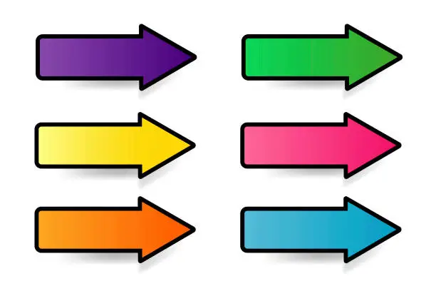 Vector illustration of Bright multi-colored arrows of medium shape with a black stroke. Unique pointers in different colors. Vector illustration. Stock Photo