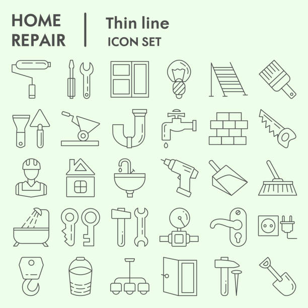 홈 수리 얇은 라인 아이콘 세트, 리노베이션 기호 세트 컬렉션 또는 벡터 스케치. 컴퓨터 웹에 대한 설정 건설 표지판, 흰색 배경에 격리 선형 픽토그램 스타일 패키지, eps 10. - home improvement drill house repairing stock illustrations