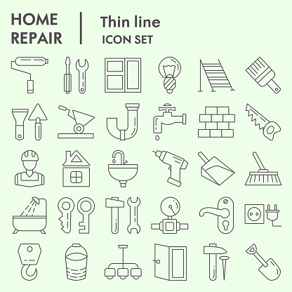 Home repair thin line icon set, renovation symbols set collection or vector sketches. Construction signs set for computer web, the linear pictogram style package isolated on white background, eps 10